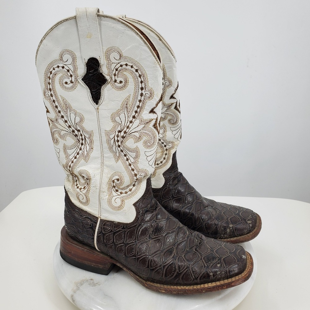 Ferrini Women Brown Caiman Print White Embroidered Western Boots 7 Cowboy Boot
